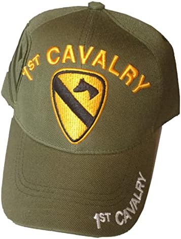 1st Cavalry Side Emblem Shadow, 1st Cavalry in White Letters on Bill, Baseball Cap, Green