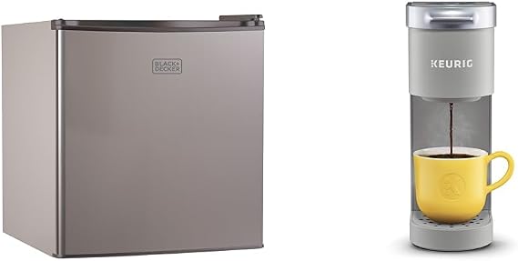 BLACK+DECKER BCRK17V Compact Refrigerator Energy Star Single Door Mini Fridge with Freezer, 1.7 Cubic Ft., VCM, Silver & Keurig K-Mini Single Serve Coffee Maker, Studio Gray, 6 to 12 oz. Brew Sizes