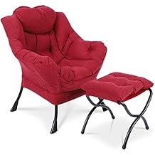 Modern Lazy Chair with Portable Ottoman, Accent Contemporary Lounge Chair Steel Frame Leisure Sofa Chair Set with Footstool, Armrests, Side Pocket for Living Room, Bedroom, Office, Red