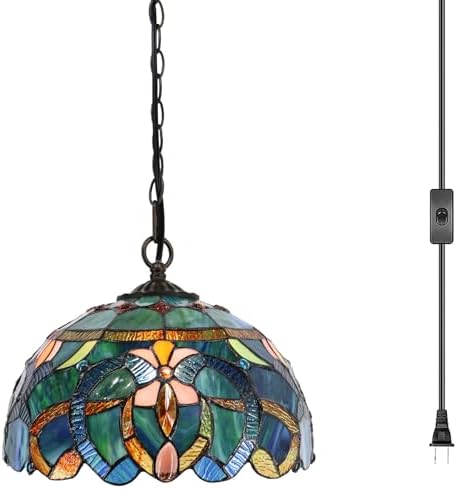 Tiffany Pendant Light Plug in, 12 inches Stained Glass Hanging Lamp, 39 Inch Chain, 15 Feet Cord Living Room Bedroom Kitchen Dining Room Office Blue Baroque Style