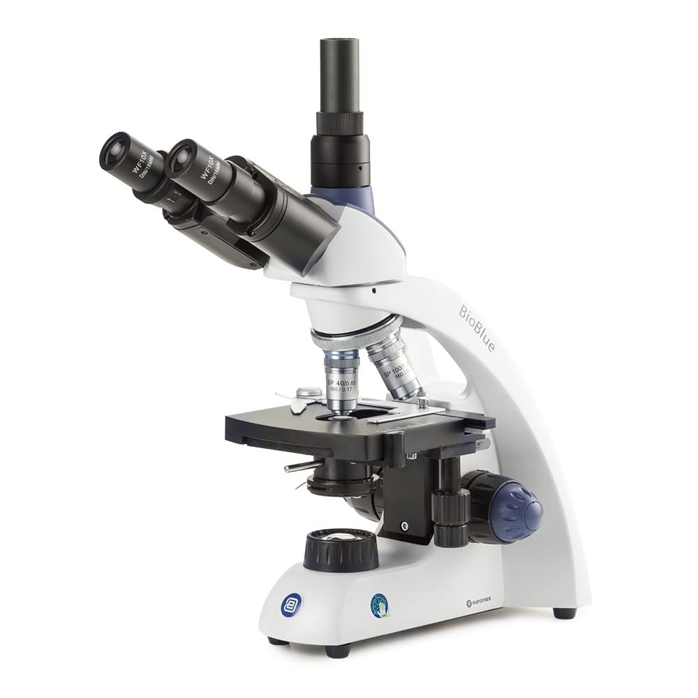 BioBlue Trinocular Compound Microscope SMP 410S40S100x Oil Objectives with Mechanical Stage and 1W NeoLED Cordless Illumination Globe Scientific | Euromex