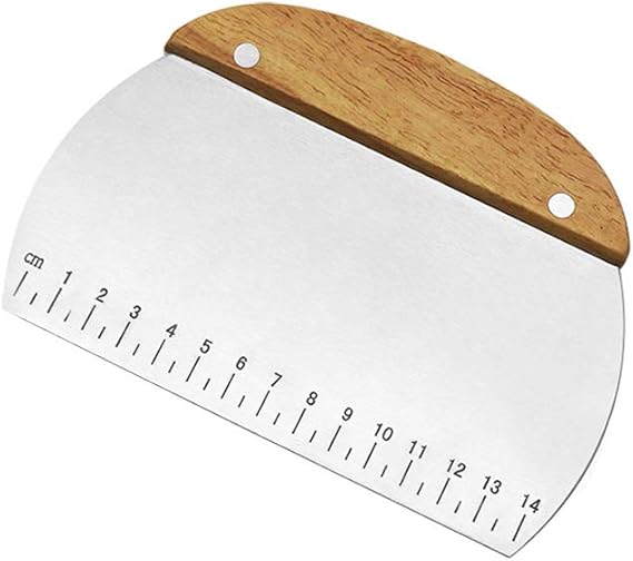 Dough Scraper, Stainless Steel Dough Pastry Scraper Cutter Chopper with Non-Slip Grip and Measurements for Kitchen Baking Tools (Wood Handle)