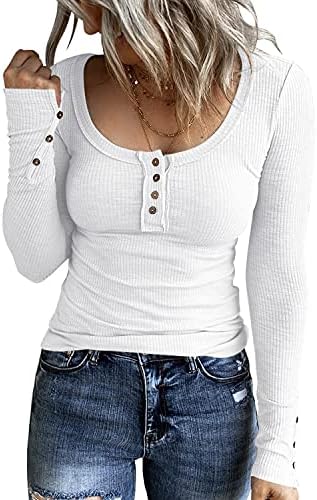 KINLONSAIR Womens Long Sleeve Henley T Shirts Button Down Slim Fit Tops Scoop Neck Ribbed Knit Shirts