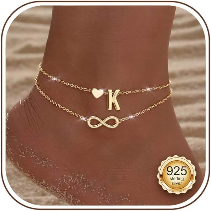 ORAZIO 925 Sterling Sliver Initial Ankle Bracelets for Women Infinity Heart