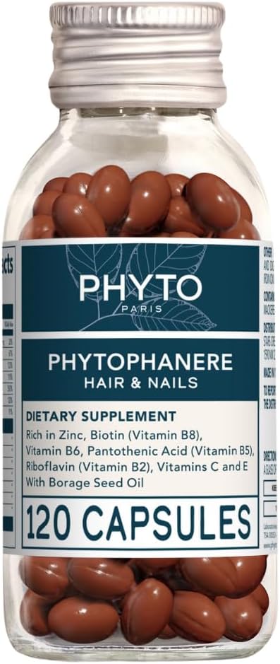 PHYTO Phytophanere Hair Growth Supplement for Women & Men - Biotin, Zinc & Vitamin B6 for Thicker, Stronger Hair & Nails - 120 Capsules, 2-Month Supply