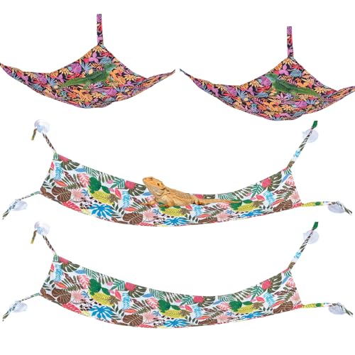 COMSUN 4 Pack Bearded Dragon Hammock with Suction Cup, Reptile Hammocks Lounger Suitable for Resting or Sleeping, Fabric Reptile Hammock for Lizards, Chameleon and Gecko Rectangle and Triangle