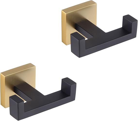 GERZWY Bathroom Hooks, Double Towel Robe/Coat Clothes Hook Stainless Steel Hanger Wall Hooks Heavy Duty for Bath Wall Mounted 2 Pack (Black & Gold)
