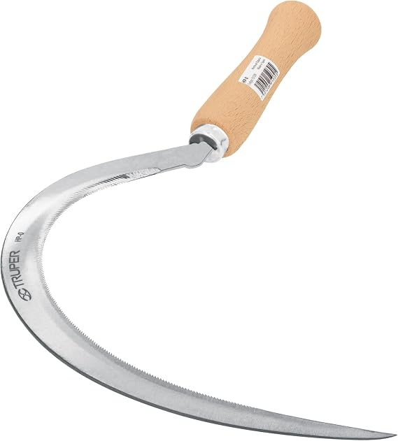 Truper Serrated Grass Sickle 16", High-Carbon Steel Blade, Lightweight Wooden Handle, Hand Scythe for Manual Harvesting and Weed Clearing (Model 15120)