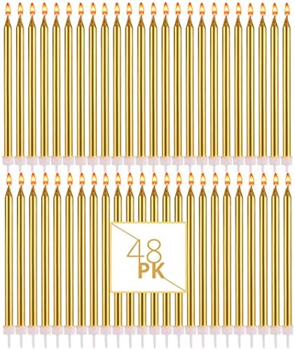 Bundaloo Gold Birthday Candles for Cake - Set of 48 with Plastic Holders - 5.5 Long, 0.20 Thickness