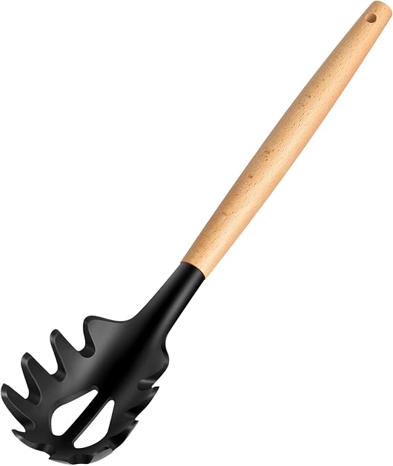 LorisArm Wooden Handle Pasta Fork Spoon 12" Silicone Spaghetti Fork Food Grade Noodle Spoon, BPA Free, Spaghetti Spoons Strainer & Server Spoonss