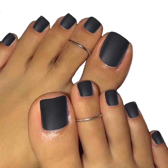 Black Square Fake Toenails Short Matte Press on Toe Nails Acrylic False Toes Nails with Designs Artificial Summer Beach Full Cover Toenail for Women 24 Pcs (Black)