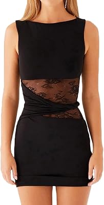 Women Sexy Sleeveless Floral Lace See Through Bodycon Mini Dress Trendy Boat Neck Twist Knot Short Party Dress