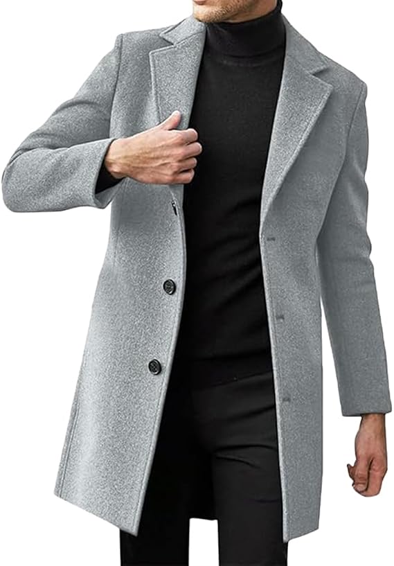 Coat Men's Long Button Wool Coat Warm Solid Winter Coat Notch Collar Trench Coat Slim Fit Jacket