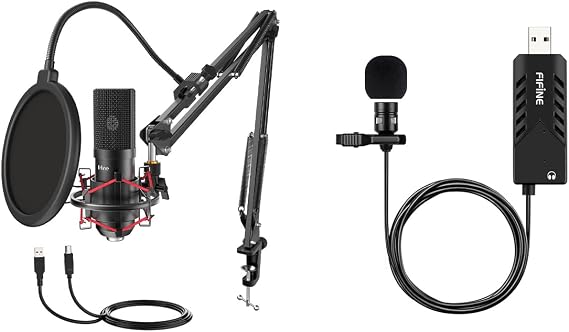 FIFINE USB Condenser Mic and Lavalier Microphone, Gaming Mic Set with Boom Arm Stand, Pop Filter, PC Condenser Lapel Microphone for Streaming Podcast Home Studio (T732+K053)