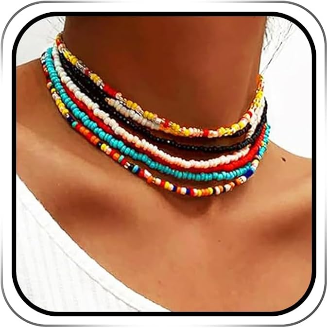 ACEDRE Boho Layered Beaded Choker Necklace Colorful Chokers 7Pcs for Women