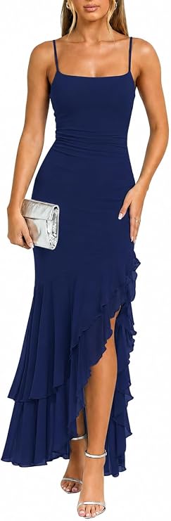 Kaximil Women's Elegant Ruffle Formal Wedding Guest Maxi Dress