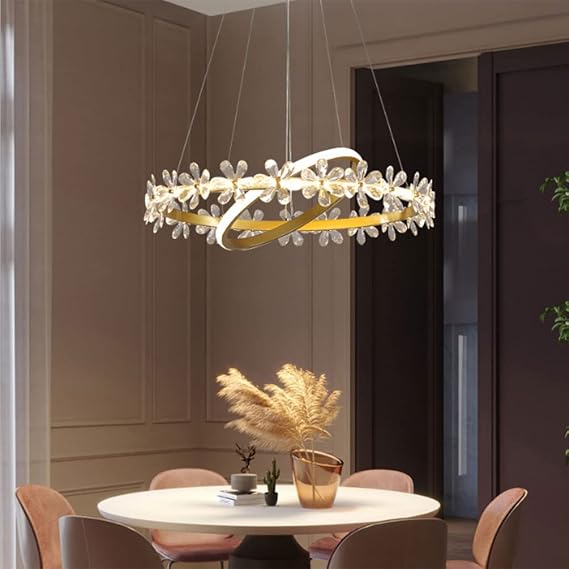 Romantic Luxury Led Chandelier Lighting 40W Living Room Flowers Gold Hanging Pendant Light Girl Bedroom Dining Room Crystal Double Layer Round Ceiling Light Fixtures