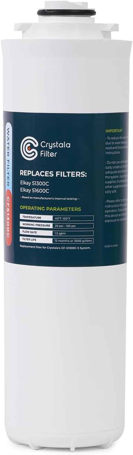 Crystala Filters 51300C Water Filter Compatible with Elkay Halsey, 1-Pack | Replacement for Elkay 51300C, Compatible with Elkay ezH20 and Halsey Taylor Bottle Filling Stations, 3000 Gallons