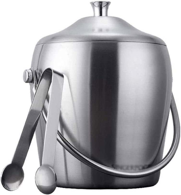 QHYXT Ice Bucket, Stainless Steel Double-Layer Insulation Ice Bucket, Ice Bucket for Cocktail Bar, Including Ice Bucket, Tongs, Lid, Great for Home Bar, Chilling Beer, Champagne and Wine, 1.2