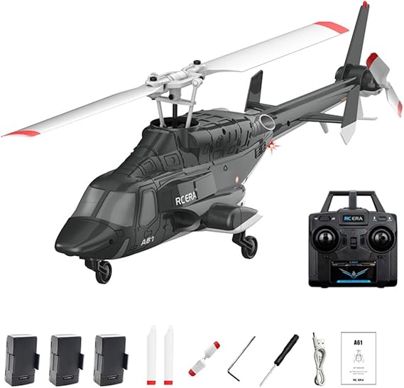 A61 Little Air-wolf RC Helicopter, 1/52 Scale 2.4G 4CH Single Rotor Remote Control Helicopter with One-Key Takeoff/Landing & LED Lights for Adults Beginners - RTF