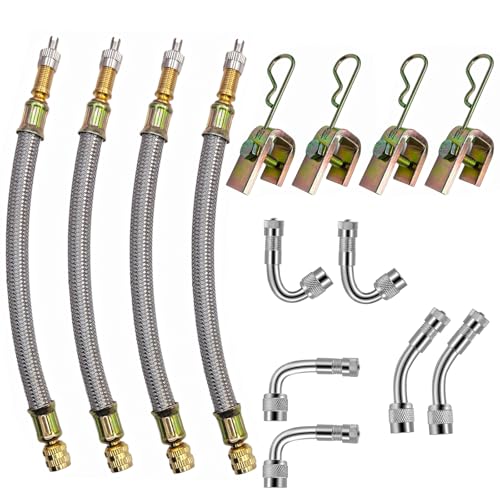 Valve Stem Extensions,2Pcs 7Inch and 2Pcs 12Inch Dual Flexible Stainless Steel Braided Valve Stem Extenders, 6 Pieces 45 90 135 Degree Brass Valve Stem Extender Tire for Most Cars Truck