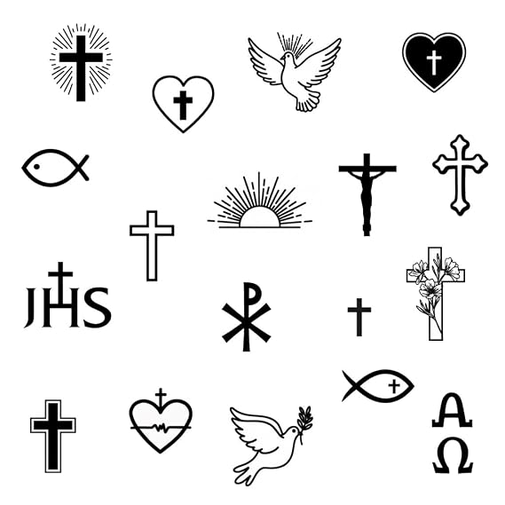 Christian Signs & Symbols SET Temporary Tattoos Set, 17 Designs with Cross, Dove, Fish Symbols, Ichthys, Jesus