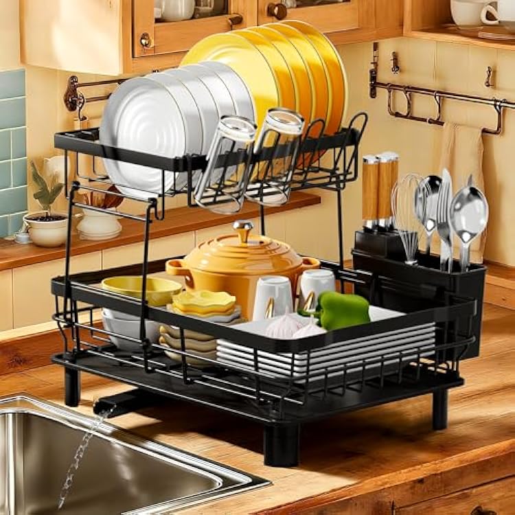 MOUKABAL Dish Drying Rack, Dish Rack, Stainless Steel Dish Racks for Kitchen Counter, Dish Drainer with Removable Utensil Holder, Drainboard Black,2 Tier,13W x 17L