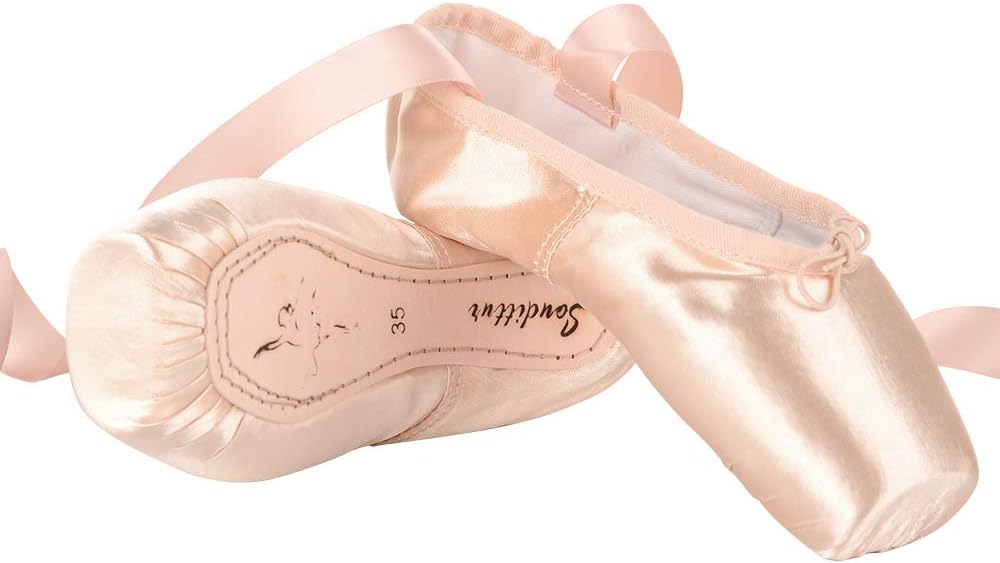 Soudittur Ballet Pointe Shoes Professional Dance Shoes Pink Ballet Flats with Ribbons and Toe Pads for Girls Women (Choose a Size Bigger)
