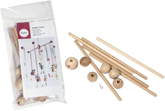 Rayher 6115500 Mobile Star 33 cm Diameter Construction Kit Beech Wood Mobile Cross Wooden Mobile with 6 Arms for Interlocking Brown