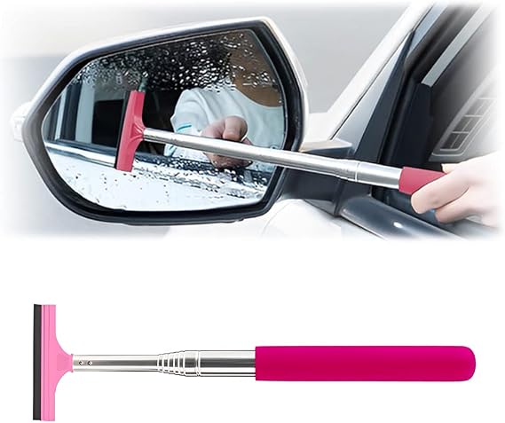 8sanlione 38.6 Inch Telescopic Side Mirror Glass Squeegee, Pink | natural-rubber edge, layered cleaning head, compact storage, clears water and fog, automotive accessories
