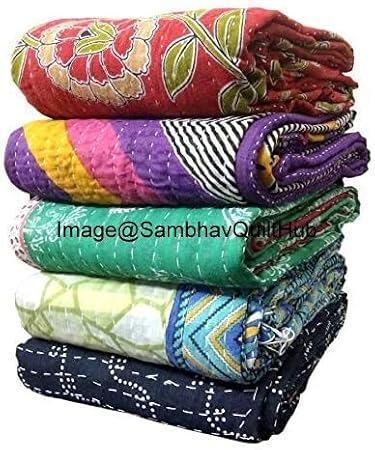 5 Lot Vintage Saree Made Patch Wholesale Balnket Tribal Kantha Quilts Vintage Kantha Cotton Quilts Bed Cover Throw Old Assorted Patches Made Rally Reversible Bengali Kantha Cover