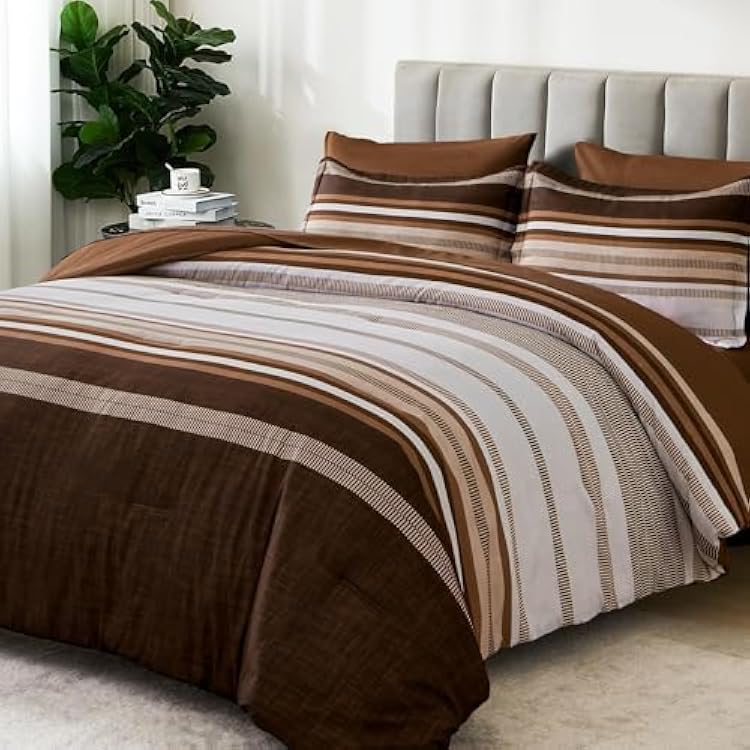 Dobuyly Brown Comforter Queen Size 7 Pieces, Boho Striped Bed in a Bag Set, Soft Microfiber Bedding Set with Comforter, Sheets, Pillowcases & Shams