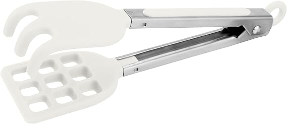 Tovolo Waffle Tongs Mini Silicone Kitchen Tongs for Cooking Serving Flat Stainless Steel Small with Silicone Tips for Salads Belgian Waffles Air Fryer Appetizers Dishwasher Safe White