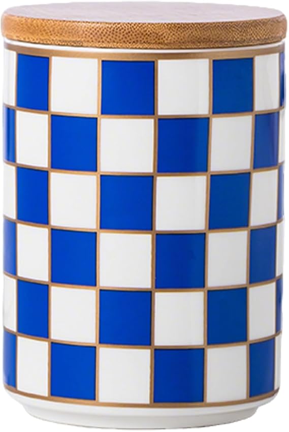 Checkered Airtight Ceramic Canister with Bamboo Lid for Food Storage