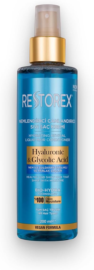 Restorex Hydra Moisturizing Revitalizing Care Liquid Conditioner 200 Milliliters, Hyaluronic Acid Glycoic Acid Sulfate Free