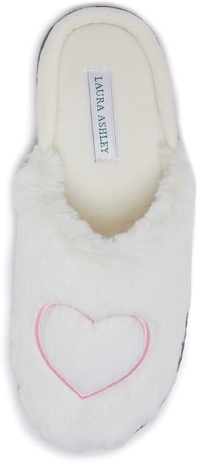 Laura Ashley Womens House Slippers, Hard Soled Faux Fur Lined Clogs for Women, Fuzzy Heart Indoor/Outdoor Women's House Shoes