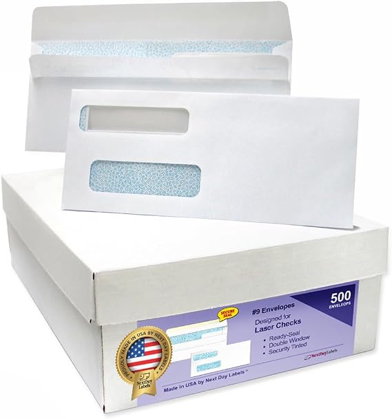 NextDayLabels #9 Double Window Check Envelopes, Made in USA, 500 Pack