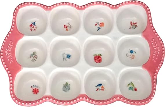 Ceramic Egg Holder for Refrigerator, 12 Cup Pink Floral Egg Tray with Handles, Decorative Egg Storage Organizer and Egg Platter for Fridge, Countertop, Kitchen, Breakfast and Brunch
