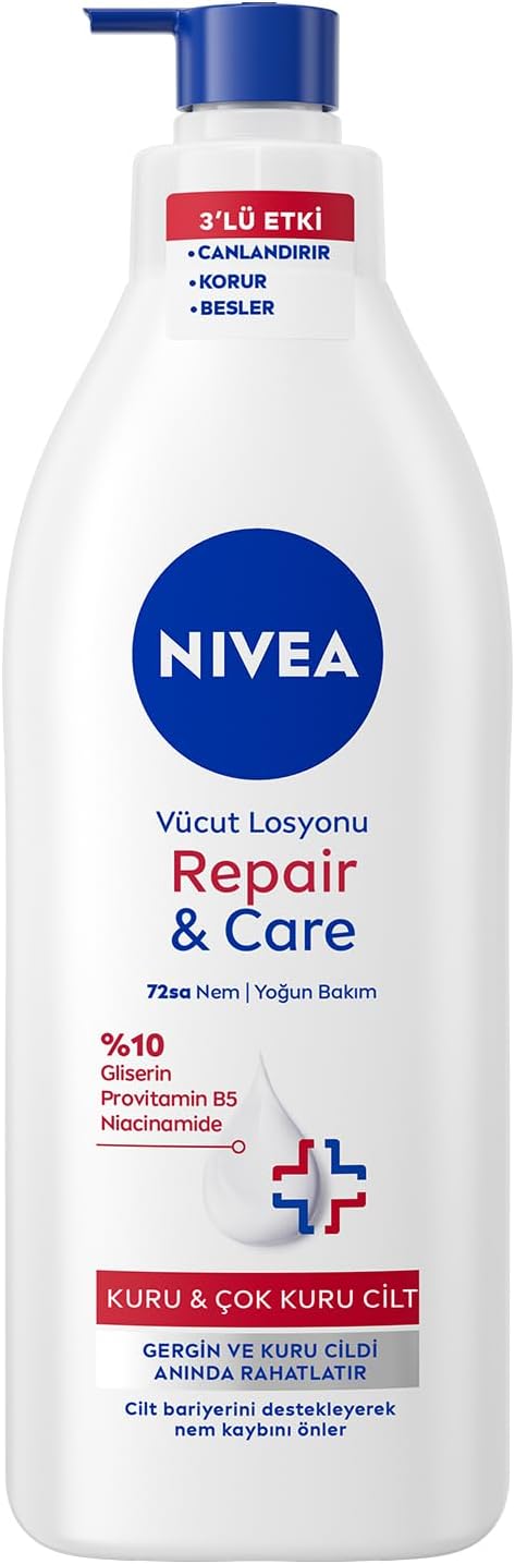 NIVEA Yoğun Nemlendirici Repair & Care Vücut Losyonu 400ml, 72 Saat Nemlendirime, Kaşıntılı ve Hassas Ciltlere Özel, Onarıcı, Gliserin,Pro Vitamin B5,Niasinamid,Kuru Ciltler