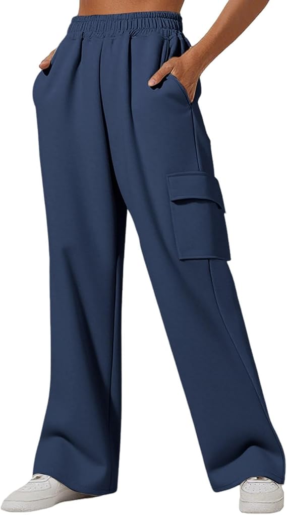 Cargo Sweatpants for Women Fleece Wide Leg Jogger Pants Casual Baggy Trousers Athletic Long Pants with Pockets Blue