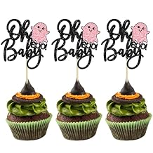 Gyufise 24Pcs Oh Baby Halloween Cupcake Toppers Black Glitter Ghost Cupcake Picks for Baby Shower Birthday Happy Halloween Theme Party Cupcake Decoration Supplies