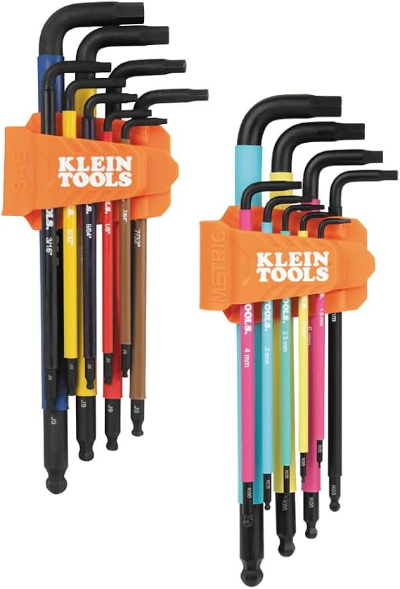 Klein Tools BLS18 Hex Key Wrench Set, Color Coded, SAE and Metric, Heat-Treated, L-Style, Long Arm and Ball End, 1/16-Inch to 3/8-Inch and 1.5 mm to 10 mm, 18-Piece