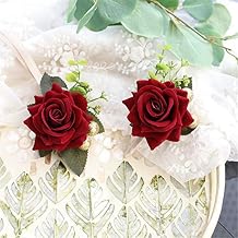 MOJUN Corsage and Boutonniere Set Artificial Rose and Handmade Silk Bride Groomsmen Wrist Corsage and Men Boutonniere Set for Prom Party Suit Decoration, Burgundy