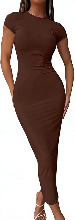 Women's Summer Maxi Dress Short Sleeve Sexy Bodycon Maxi Dress Round Neck Long Dress for Women 2026