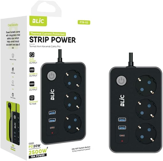 Akım Korumalı Priz, 3x Priz Soketi, 2x Usb Girişi, 1x Type-C Girişi, Tasarruflu Uzatma Kablosu, Çocuk Korumalı Adaptör (2 Metre)