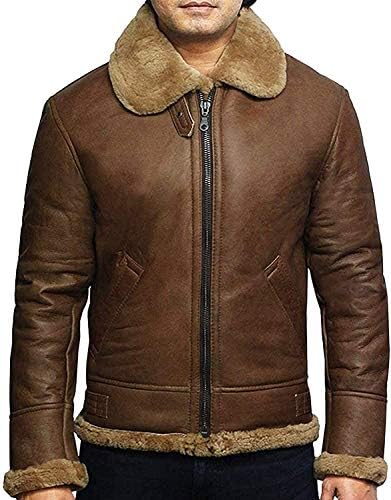 BRANDSLOCK Leather Bomber Jackets For Men Real Sheepskin B3 Aviator Leather Jacket With Thick Shearling Sheepskin