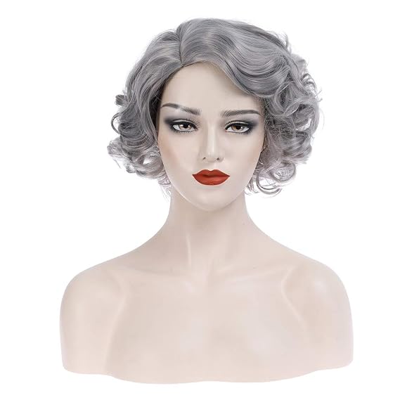 BERON Silver Gray Wig Short Curly Gray Wig Natural Wavy Wig Old Lady Wig for Women Cosplay Costume Party Come with Wig Cap (Silver Gray)