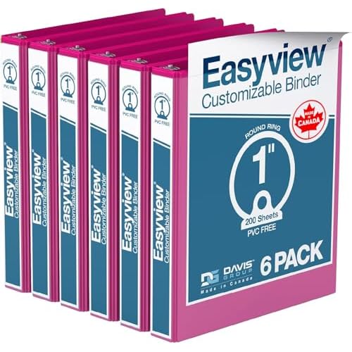 Easyview Premium 3-Ring Binders with Clear-View Covers and Round Rings, Binders for School or Office, 1 Inch, Pack of 6, Pink