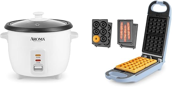 AROMA Rice & Grain Cooker and Waffle Maker Bundle - Cook Rice, Grains, Soup, Make Paninis, and Donuts - Includes 6-Cup (Cooked)/ 3-Cup (Uncooked) Rice Cooker and Swap & Flip Waffle Maker
