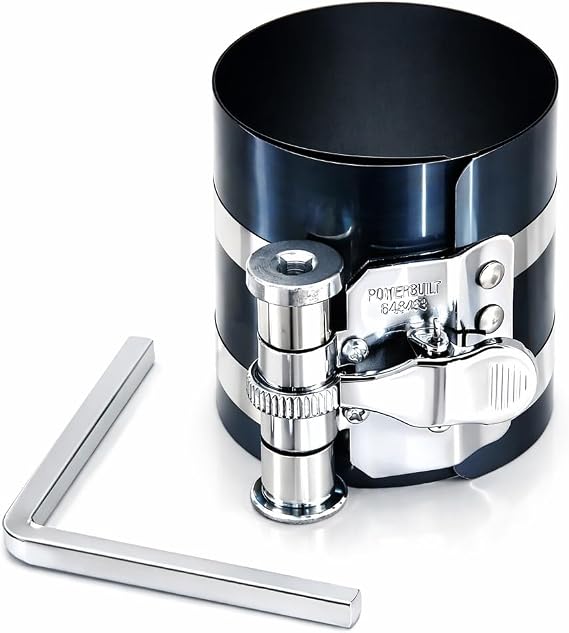 Powerbuilt Piston Ring Compressor, 2 Inch to 5 Inch Diameter, Compress Pistons, Ratcheting Lock, Release Lever, Slide into Cylinder - 648433, Silver